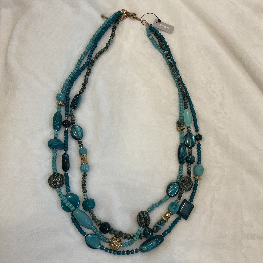 Chico’s Three Strand Turquoise and Gold Tone Necklace